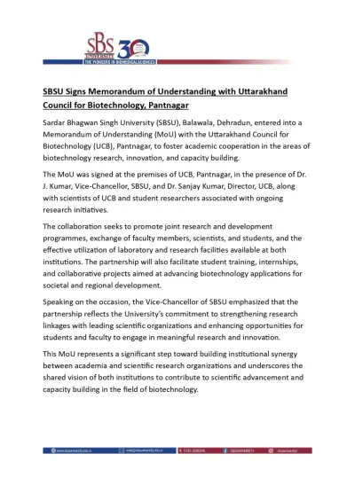 sbsu signs memorandum of understanding with uttarakhand council for biotechnology page 0001
